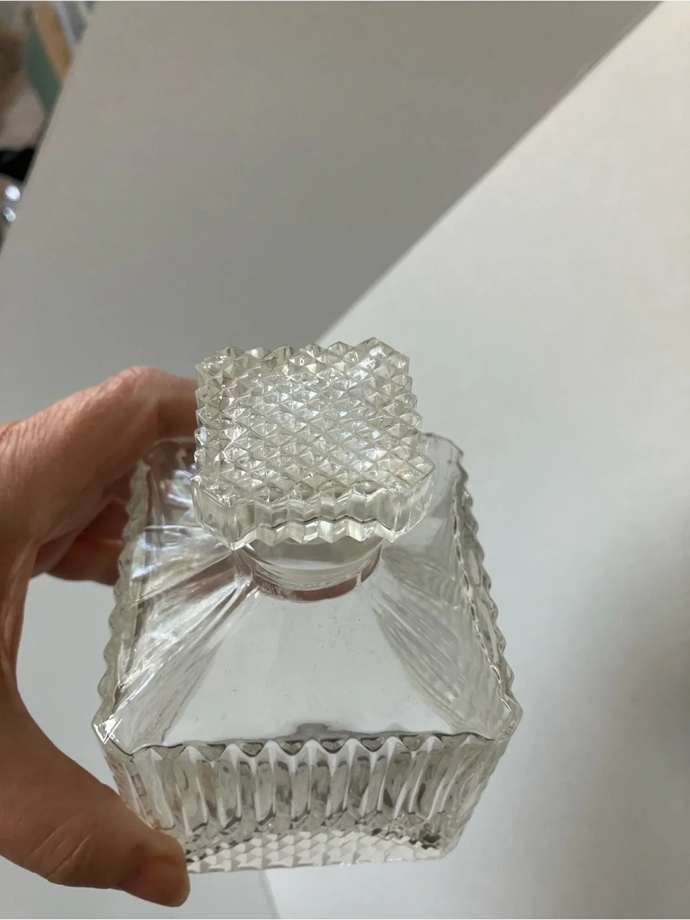 Vintage MCM Clear Glass Square Decanter with Cut Pattern